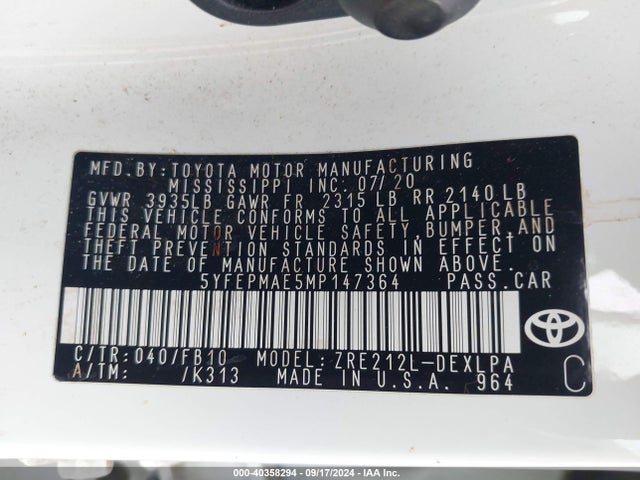 Toyota COROLLA LE 2021 5YFEPMAE5MP147364 Image 9