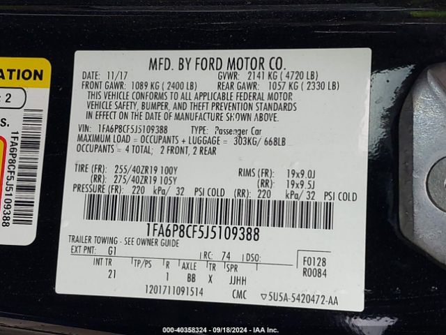 1FA6P8CF5J5109388 Ford MUSTANG GT
