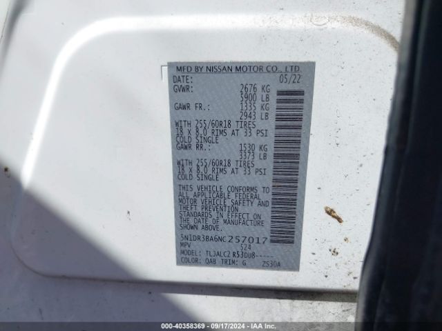 5N1DR3BA6NC257017 Nissan Pathfinder Sv 2wd