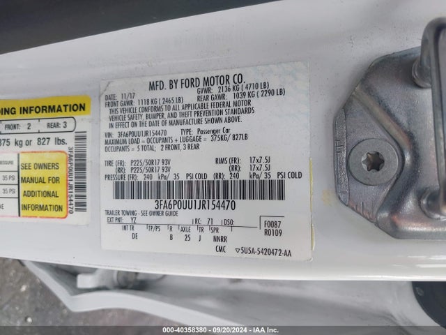 Ford Fusion Hybrid S 2018 3FA6P0UU1JR154470 Image 9