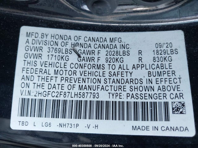 Honda Civic Sport 2020 2HGFC2F87LH587793 Image 9