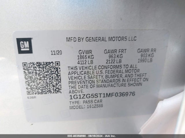 40358598 :رقم المزاد ، 1G1ZG5ST1MF036976 vin ، 2021 Chevrolet Malibu Fwd Rs مزاد بيع