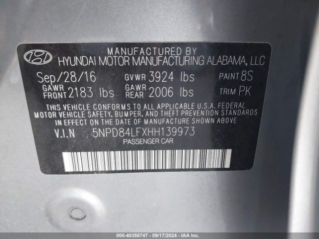 5NPD84LFXHH139973 Hyundai ELANTRA SE