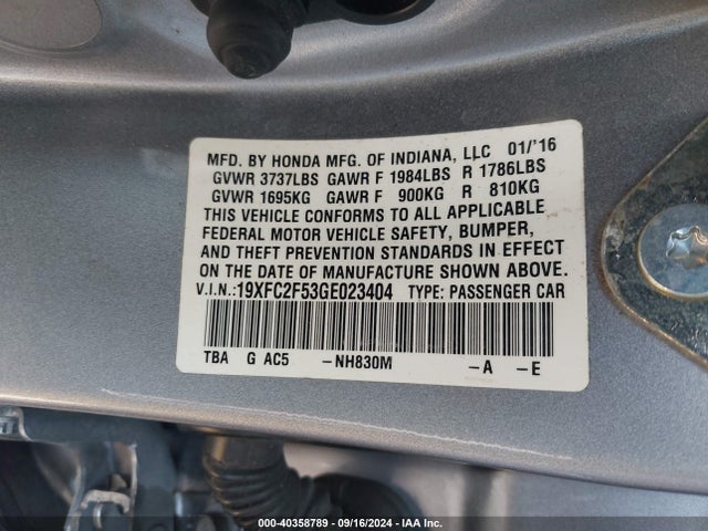Honda Civic Lx 2016 19XFC2F53GE023404 Image 9