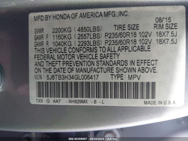 5J8TB3H34GL006417 Acura Rdx Acurawatch Plus Pkg