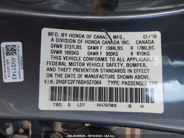 Honda CIVIC EX 2016 2HGFC2F76GH527064 Image 9