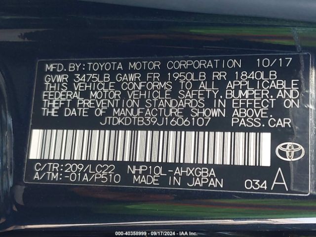 JTDKDTB39J1606107 Toyota Prius C Four