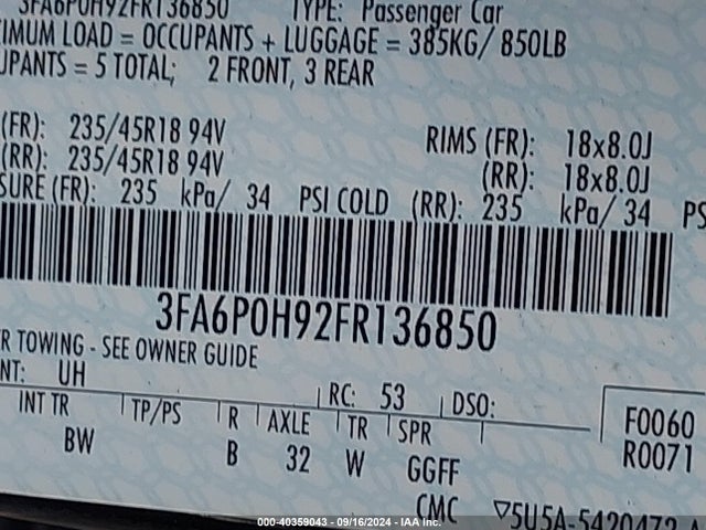 Ford FUSION SE 2015 3FA6P0H92FR136850 Image 9