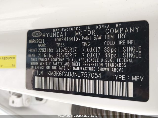 KM8K6CAB8NU757054 Hyundai Kona Sel