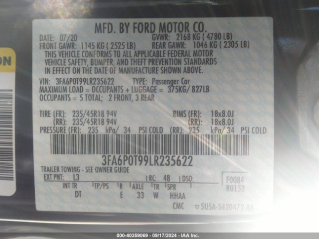 3FA6P0T99LR235622 Ford FUSION SE