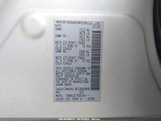 Nissan ROGUE SV 2014 5N1AT2MVXEC858686 Image 9