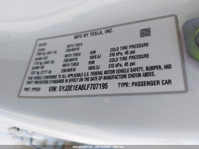 5YJ3E1EA8LF707195 Tesla Model 3 Standard Range Plus Rear-wheel Drive/standard Range Rear-wheel Drive