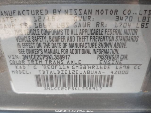 3N1CE2CP5KL358917 Nissan Versa Note Sv