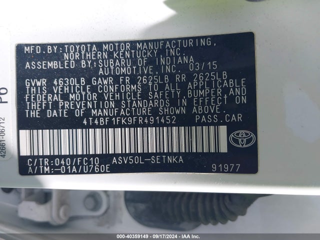 Toyota CAMRY LE 2015 4T4BF1FK9FR491452 Image 9