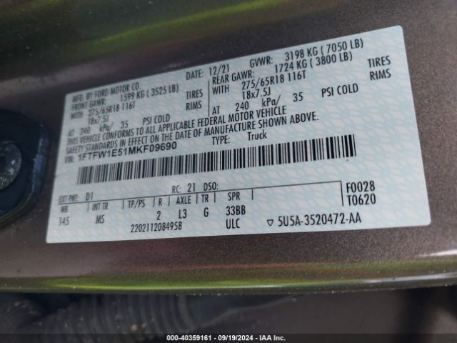 1FTFW1E51MKF09690 Ford F-150 Xlt