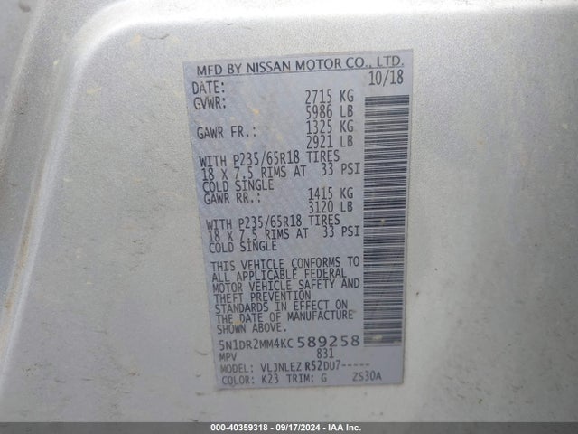 Nissan Pathfinder Sv 2019 5N1DR2MM4KC589258 Image 9