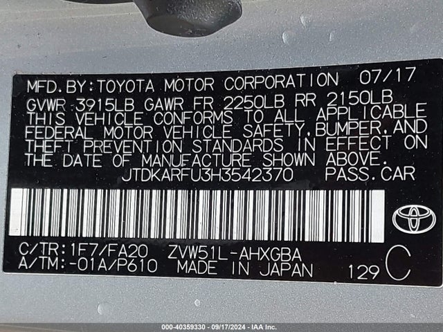 JTDKARFU3H3542370 Toyota Prius Three