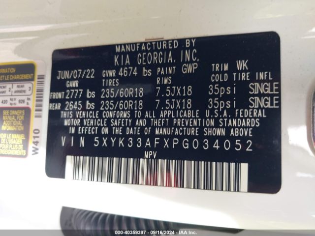 5XYK33AFXPG034052 KIA Sportage Ex