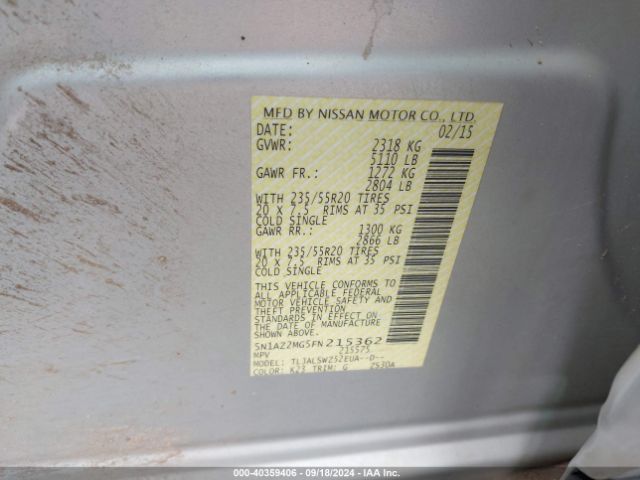 5N1AZ2MG5FN215362 Nissan Murano Platinum