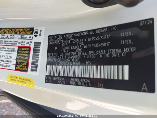Toyota SIENNA XLE 2024 5TDYRKEC5RS214080 Image 9