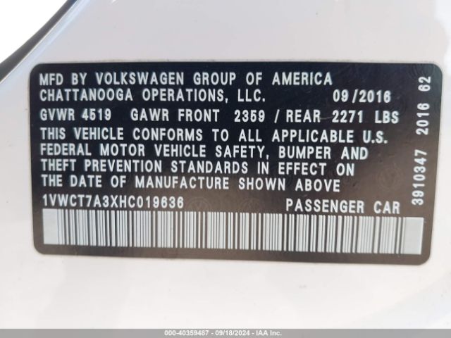 1VWCT7A3XHC019636 Volkswagen Passat 1.8t Sel Premium