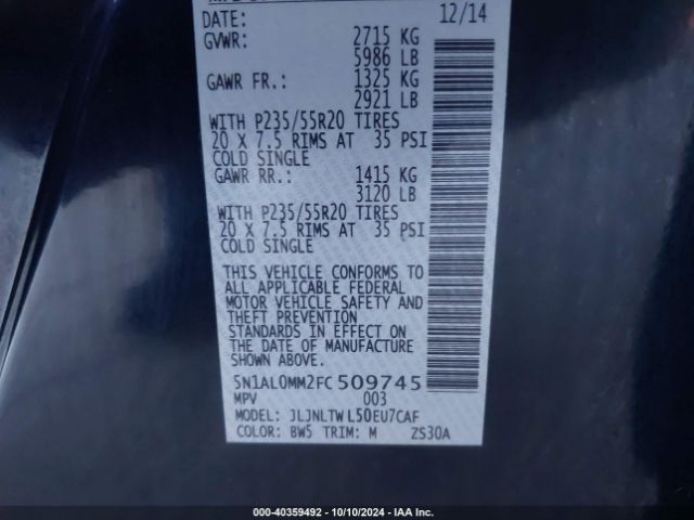 5N1AL0MM2FC509745 Infiniti QX60