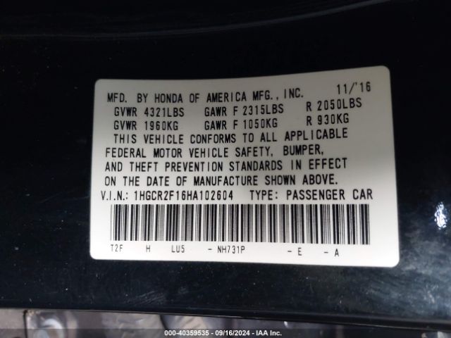 1HGCR2F16HA102604 Honda Accord Sport Se