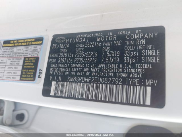 KM8SRDHF2EU082792 Hyundai Santa Fe Limited