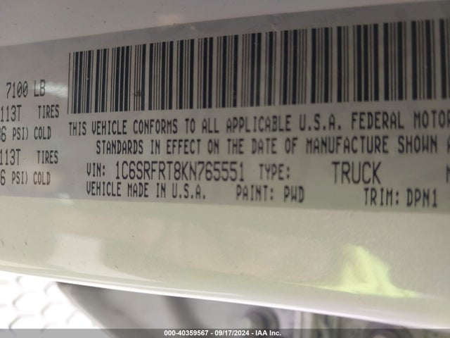 1C6SRFRT8KN765551 RAM 1500 Laramie  4x4 6'4 Box