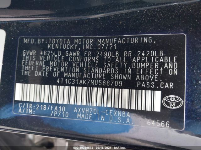 4T1C31AK7MU566709 Toyota Camry Le Hybrid
