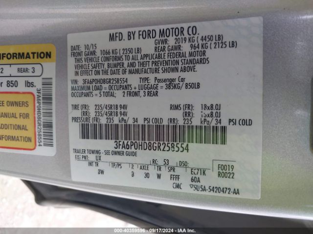 3FA6P0HD8GR258554 Ford FUSION SE