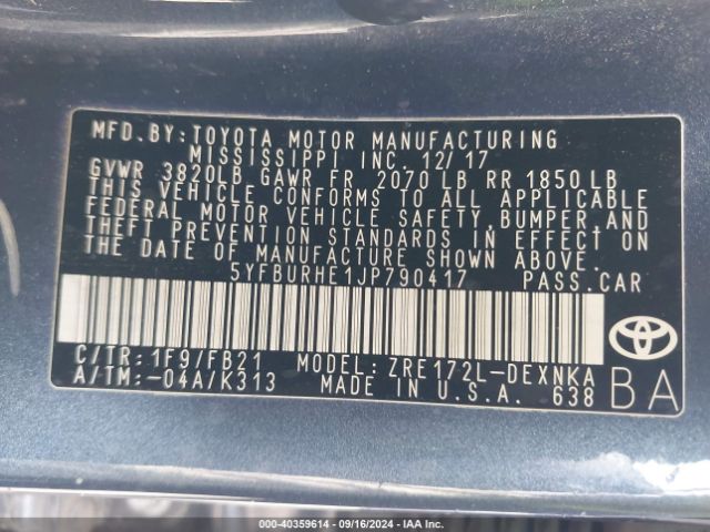 Toyota COROLLA LE 2018 5YFBURHE1JP790417 Image 9