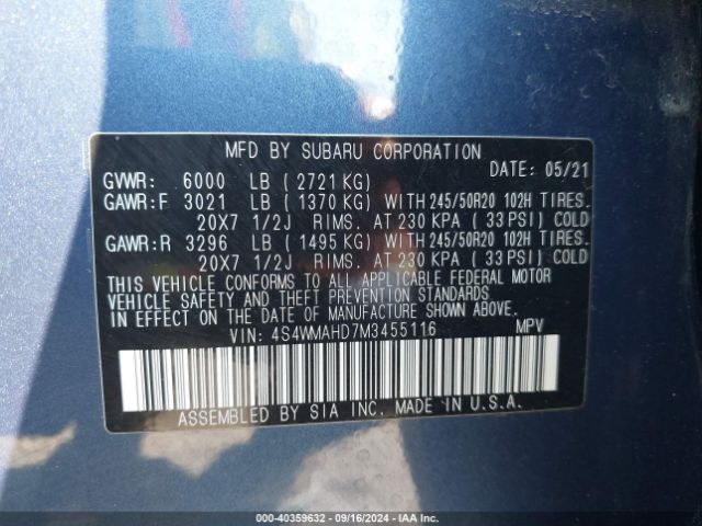 4S4WMAHD7M3455116 Subaru Ascent Premium