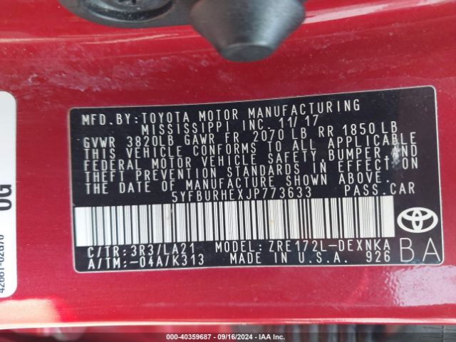 5YFBURHEXJP773633 Toyota Corolla Xle
