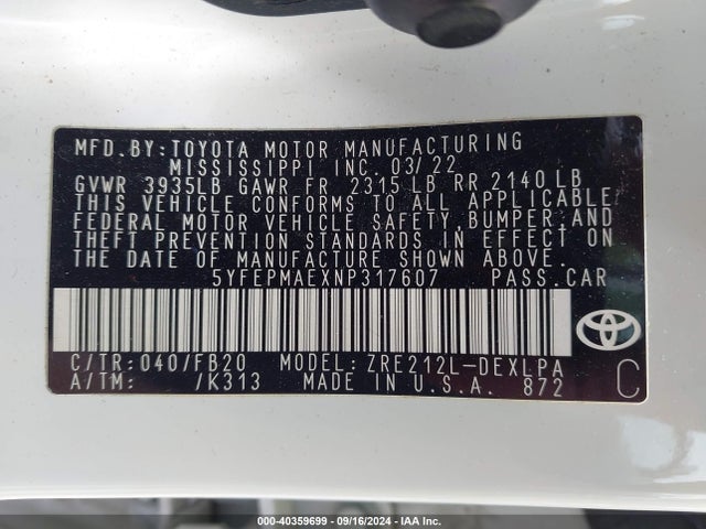 Toyota COROLLA LE 2022 5YFEPMAEXNP317607 Image 9