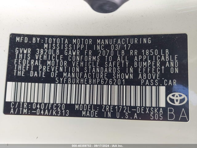 Toyota COROLLA SE 2017 5YFBURHE8HP676201 Image 9