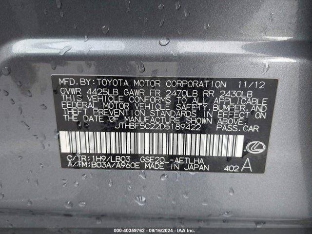 Aukcja sprzedaży 2013 Lexus Is 250, vin: JTHBF5C22D5189422, numer aukcji: 40359762