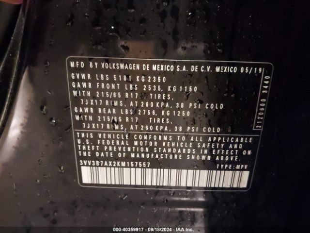 3VV3B7AX2KM157557 Volkswagen Tiguan 2.0t Se/2.0t Sel/2.0t Sel R-line/2.0t Sel R-line Black