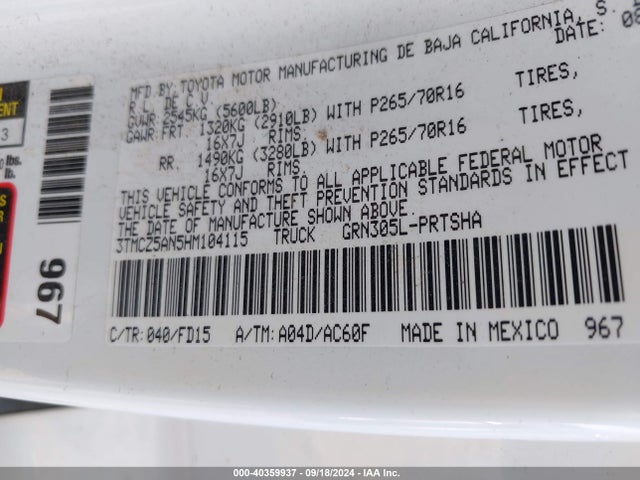 3TMCZ5AN5HM104115 Toyota Tacoma Trd Off Road