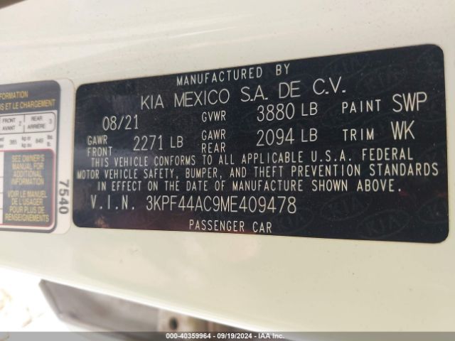 3KPF44AC9ME409478 KIA Forte Gt Manual