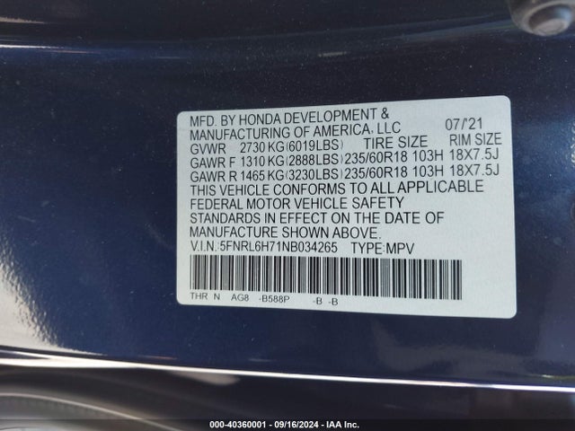Honda Odyssey Ex-l 2022 5FNRL6H71NB034265 Image 9