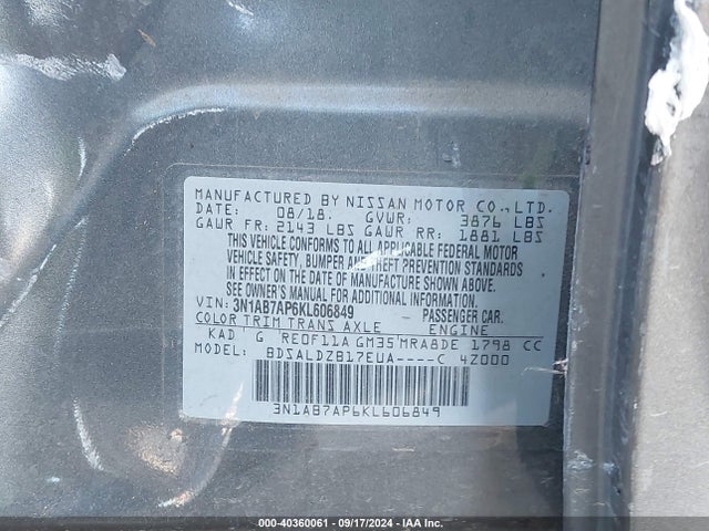 Nissan SENTRA SV 2019 3N1AB7AP6KL606849 Image 9