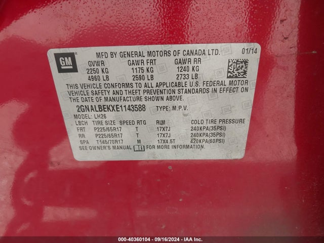Chevrolet EQUINOX 1LT 2014 2GNALBEKXE1143588 Image 9