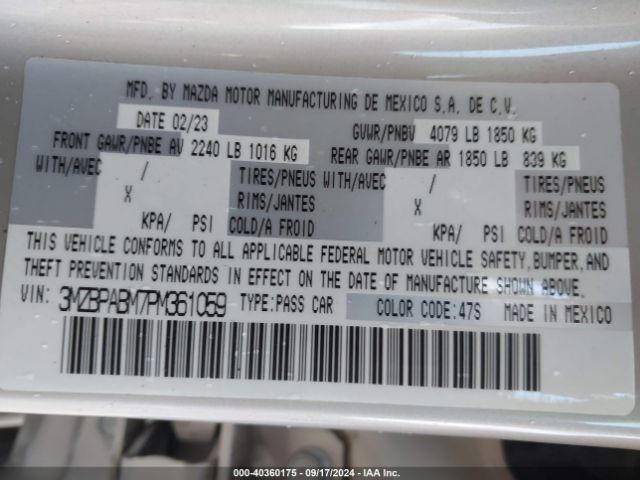 3MZBPABM7PM361059 Mazda Mazda3 2.5 S Select