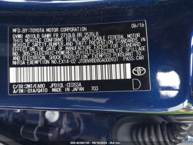 JTDBVRBD8GA000931 Toyota Mirai