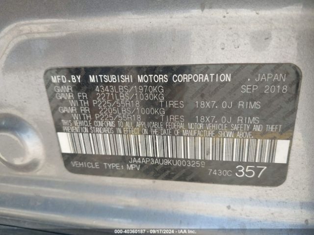JA4AP3AU9KU003259 Mitsubishi Outlander Sport 2.0 Es