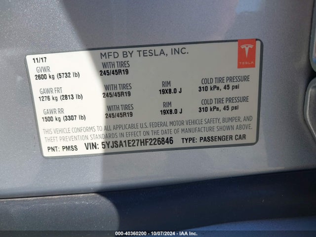 2017 TESLA MODEL S 5YJSA1E27HF226846 Photo 8