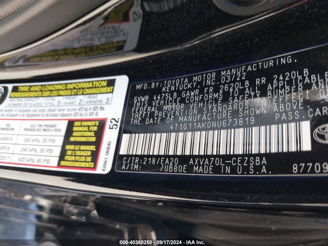 Toyota CAMRY SE 2022 4T1G11AK0NU673819 Image 9