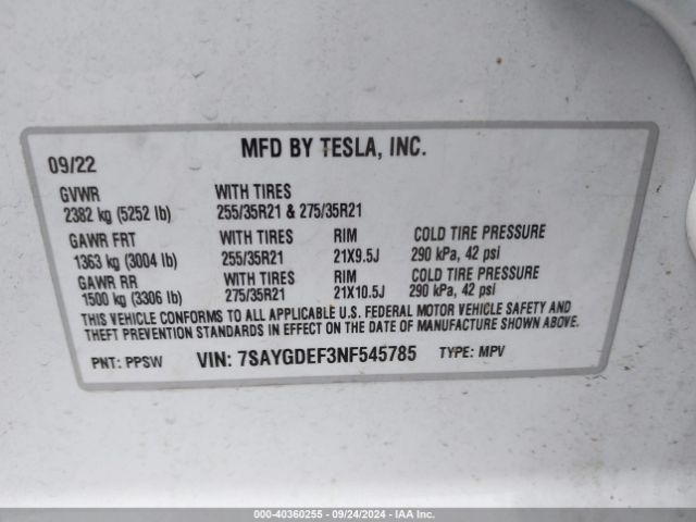 7SAYGDEF3NF545785 Tesla Model Y Performance Dual Motor All-wheel Drive