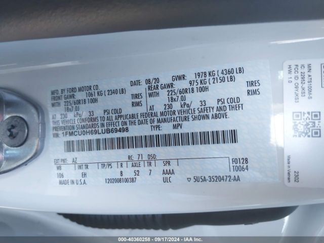 1FMCU0H69LUB69498 Ford ESCAPE SEL